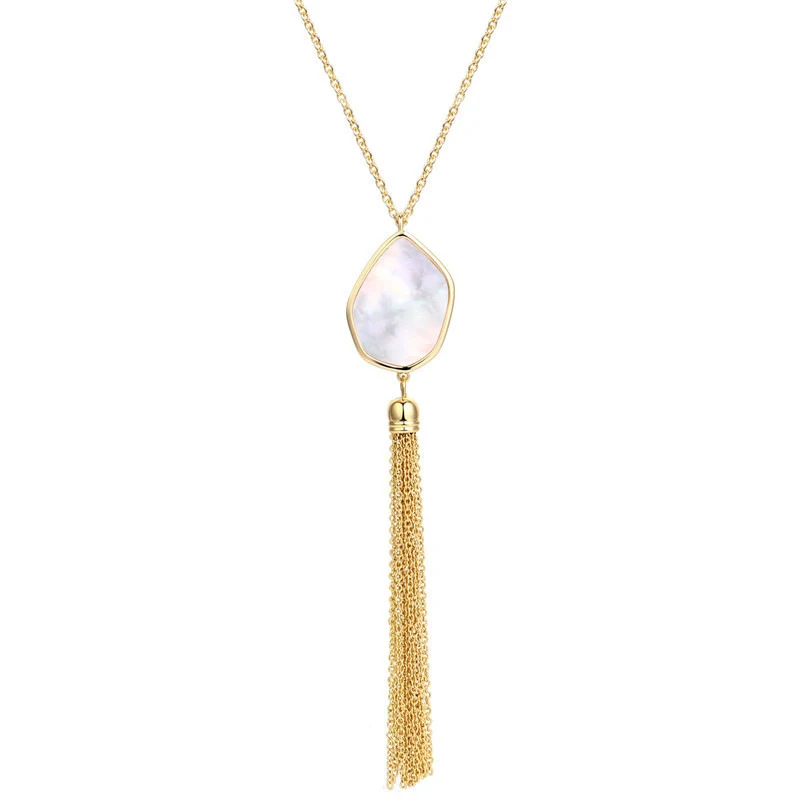 

Fashion Geometric Irregular White Shell Necklace Gold Color Metal Tassel Long Chain Sweater Necklace