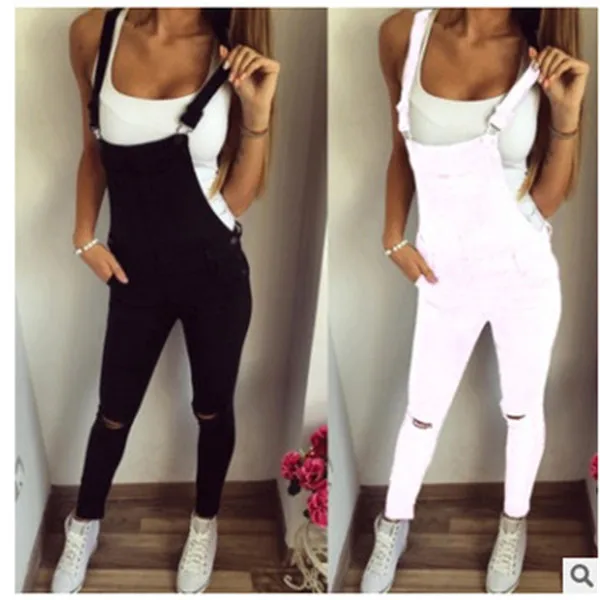 

Jeans Ripped Black and White Jeans Hight Quality Female Jumpsuit Overalls Loose Ripped Double Shoulder Jeans, Black/white