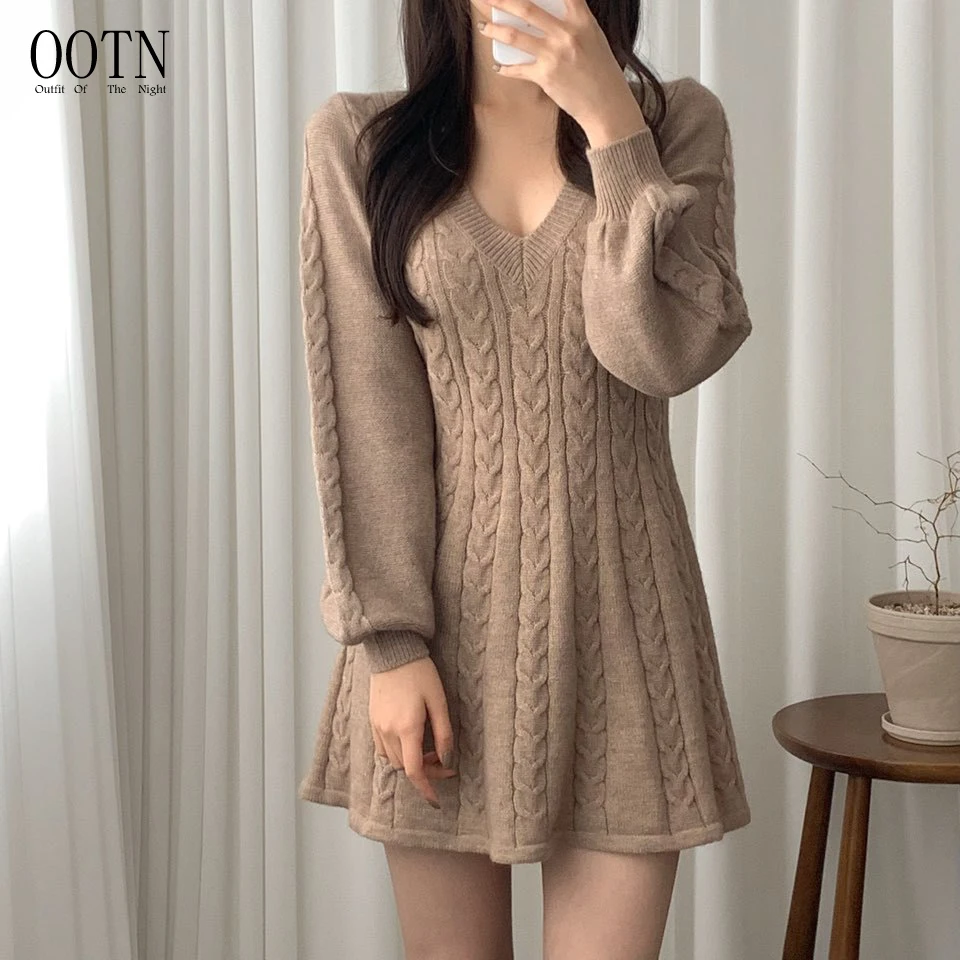 

OOTN Fall New Sexy Dresses V-neck Lantern Sleeve Sweet Clothing Autumn Winter Sweater Dress Vestido Pink Woman Knit Dress