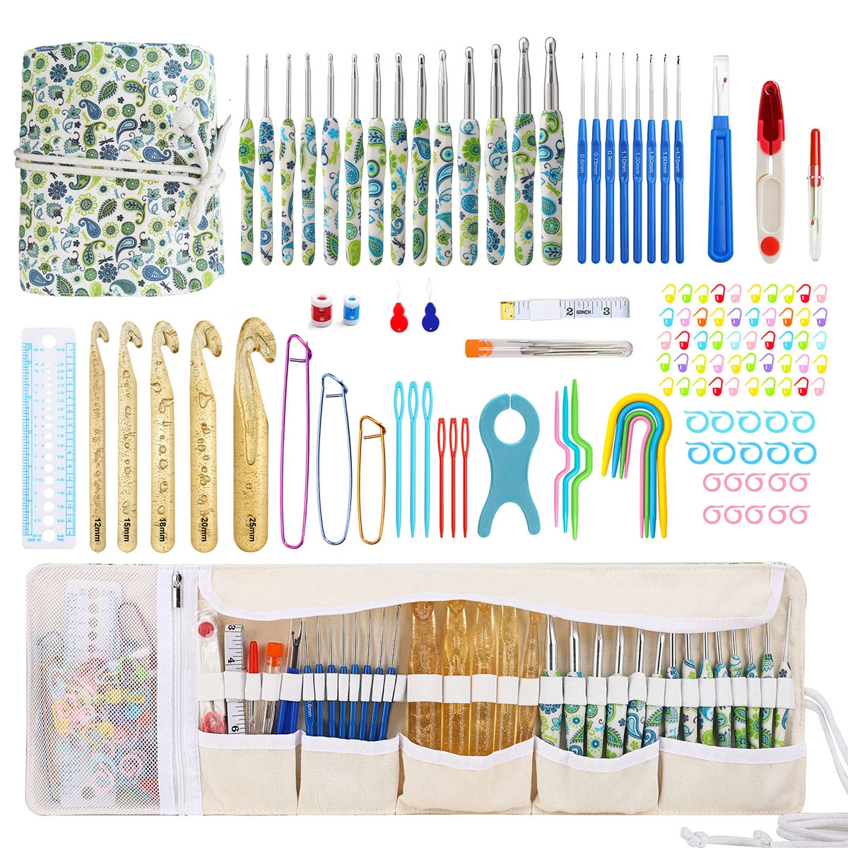 New Novice Crochet Hooks Kit with Yarn Roll Bag Sewing Accessories for Hand Knitting Beginners