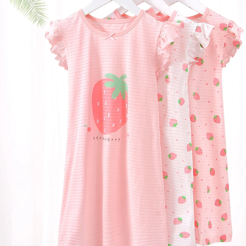 

Comfortable sweet girls nightgown kids sleeping dress fungus sleeve children strawberry nightdress night skirt, Picture shows