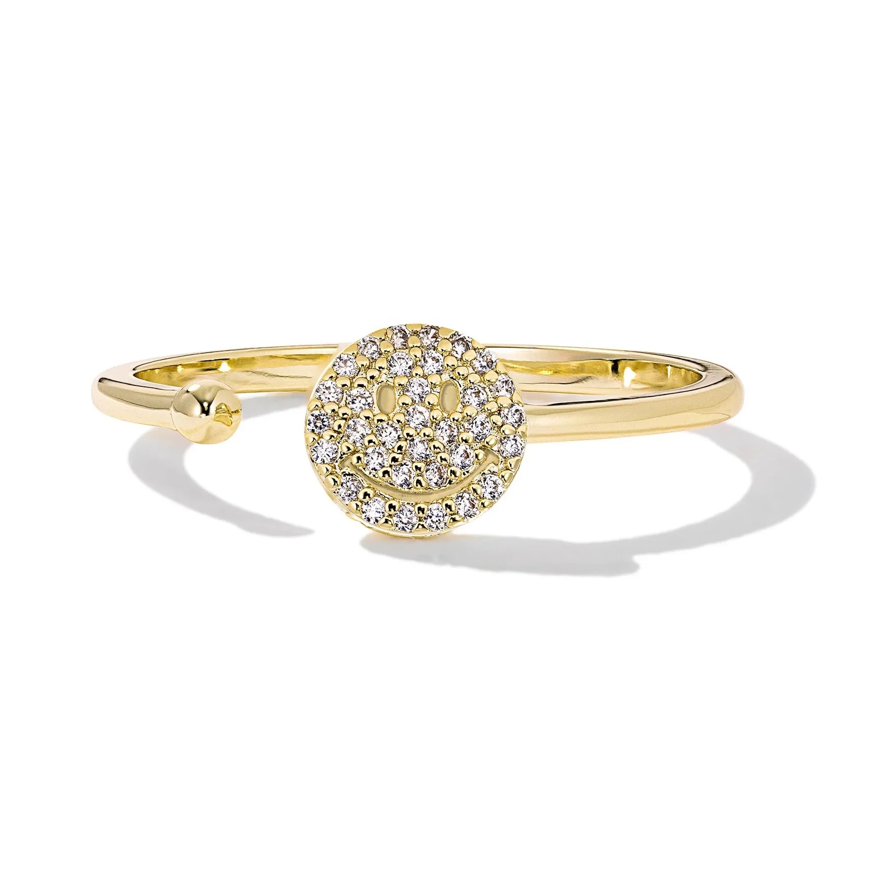 Peishang Custom Open Gap White Zircon Pav Crystals Happy Face Trendy Adjustable Finger 925 Silver Ring for Womens j