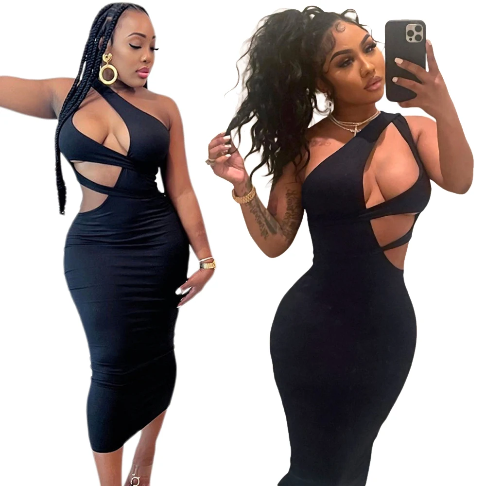 

2022 New Arrival Amazon Sexy Summer Hollow Black Sleeveless Bandage Dress Female Nightclub Midi Dresses Women, Shown