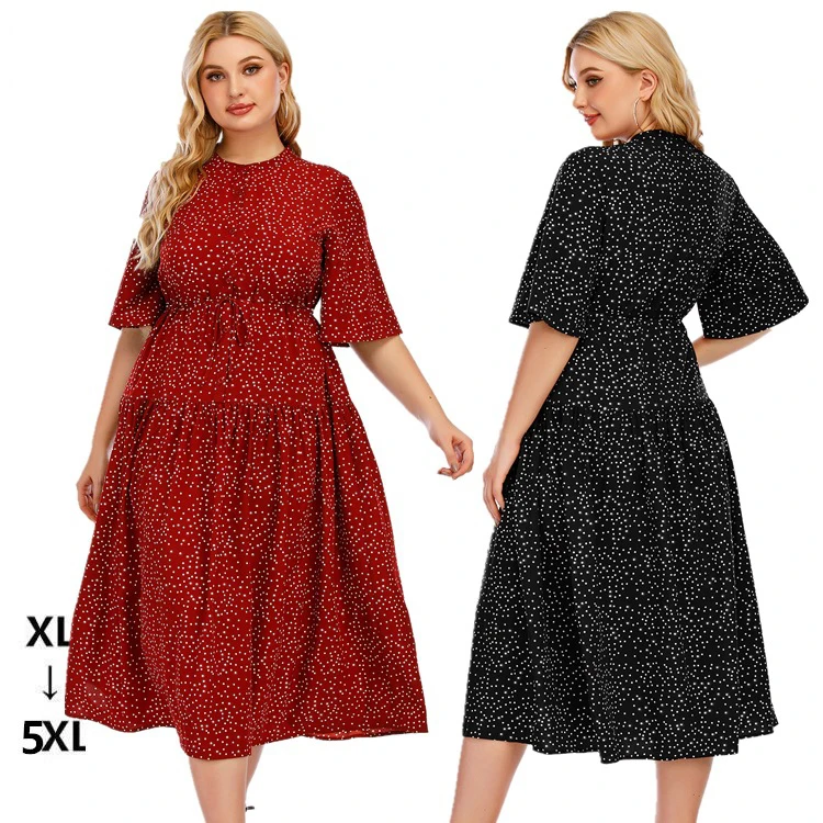 

latest design women puff sleeve deep V neck plus size dress dot solid color Dress Plus Size dresses women lady elegant, Red