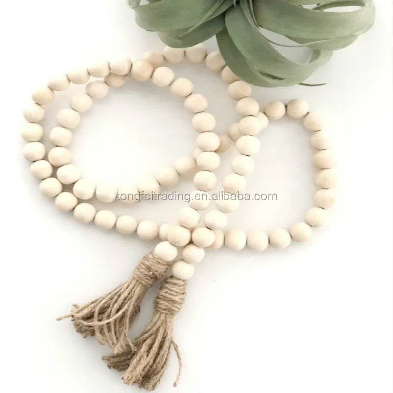 Natural Wooden Tassel Bead String Chain Hand Made Wood Farmhouse