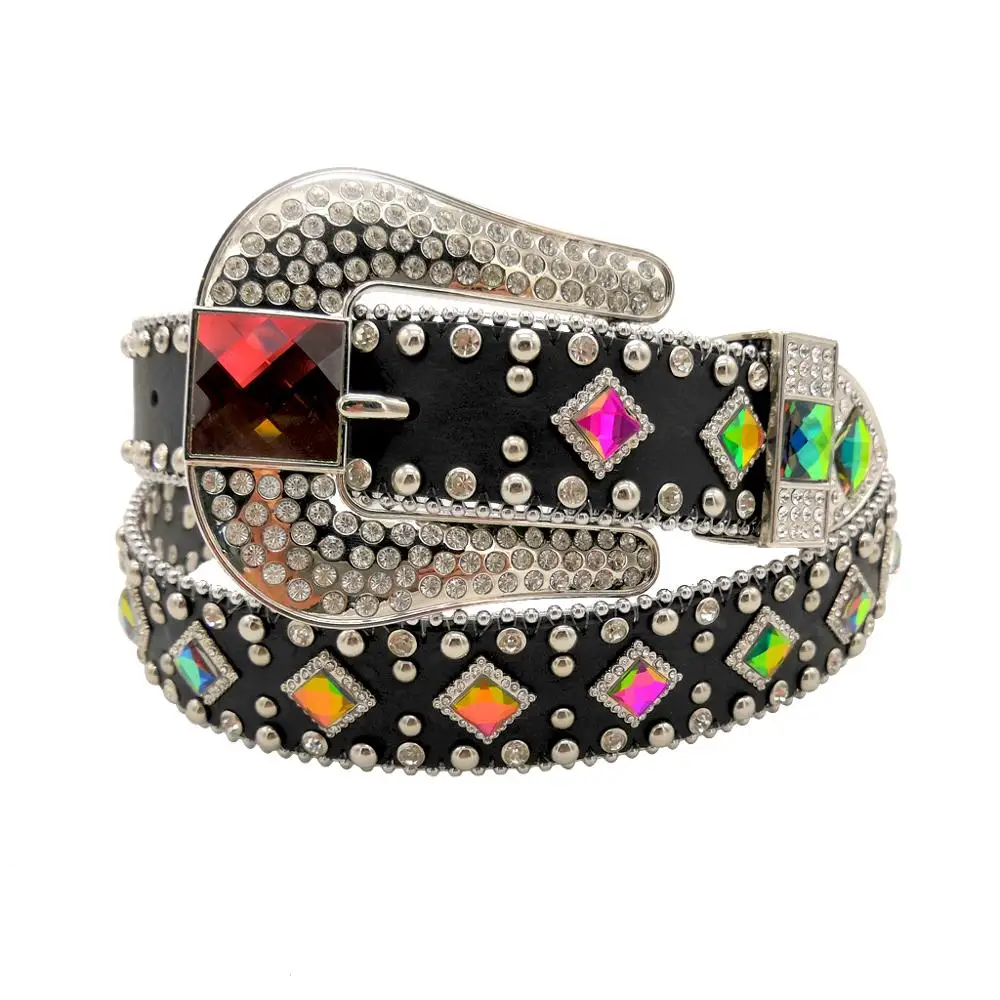 Womens Western Black Studded Belt Bling Colorful Crystal Diamond ...