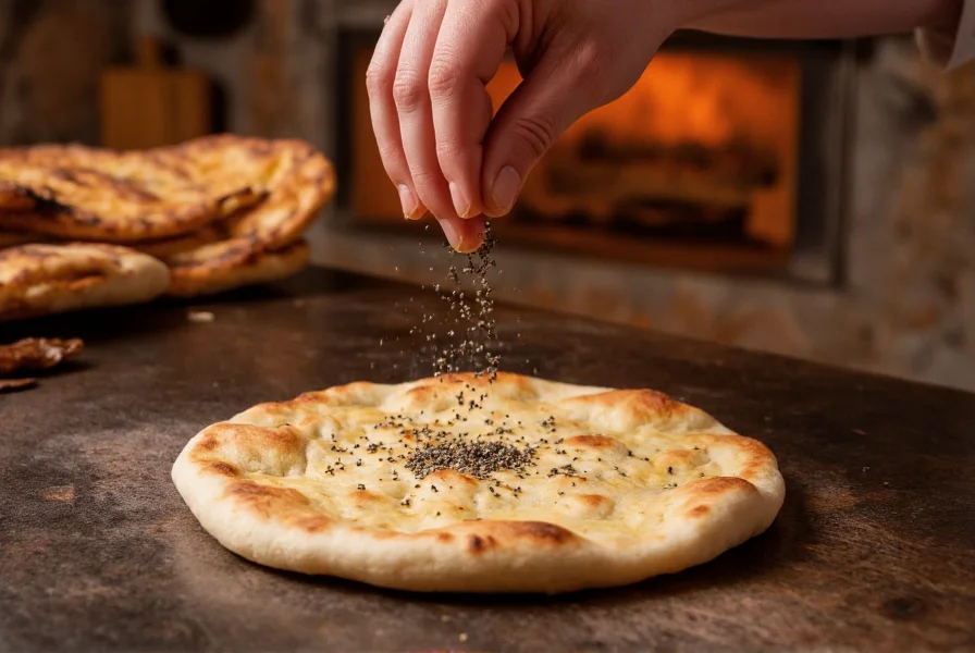 Chef's hands sprinkling black cumin seeds onto freshly baked naan bread in traditional clay oven setting