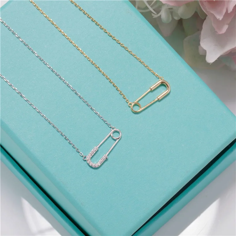 

Fashion Simple Jewelry S925 Sterling Silver Crystal Pin Pendant Necklace Shiny Pin Brooch Necklace