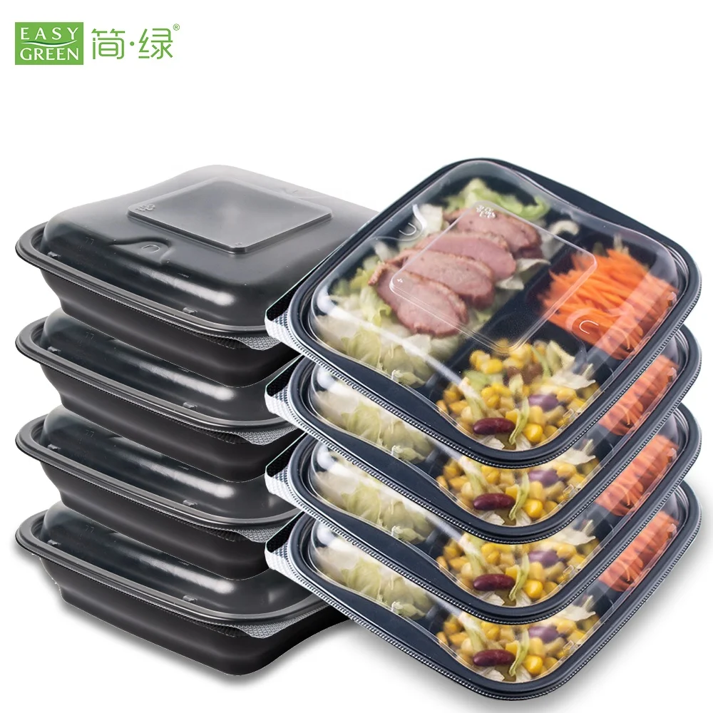 

Easy Green Plastic Meal Prep Containers 3 Compartment disposable lunch box with Lids, Black