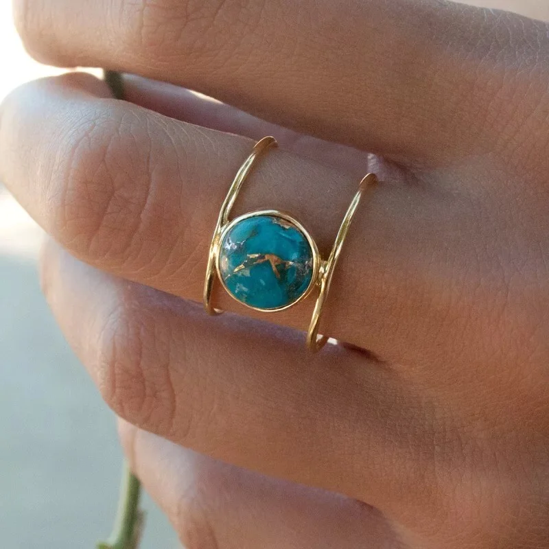 

Simple Green Stone Rings For Women Statement Natural Stone Jewelry Party Engagement Ring Metal Gold Ring Jewelry