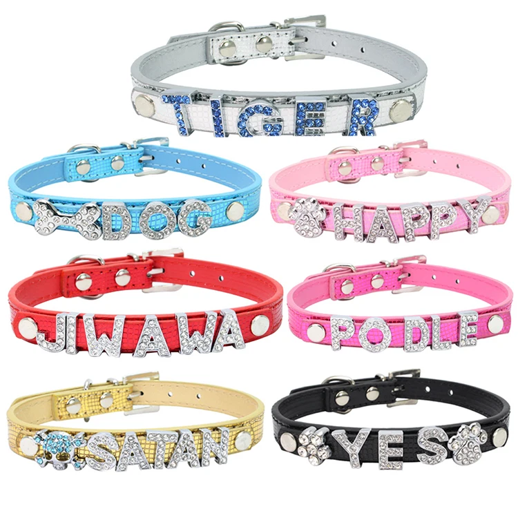 

Wholesale Personalized Bling Dog Name Collar Charm DIY Pu Leather Pet Collar