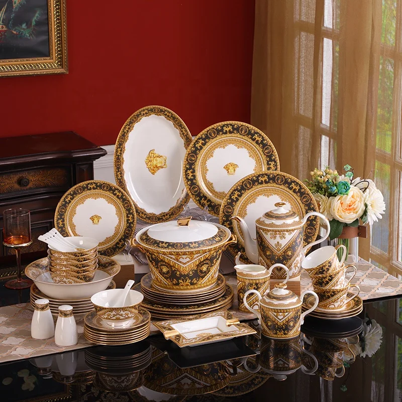 

Hot Selling 58 Pcs Brown Nordic Portrait Luxury Dining Room Bone China Dinnerware Sets, Gold rim