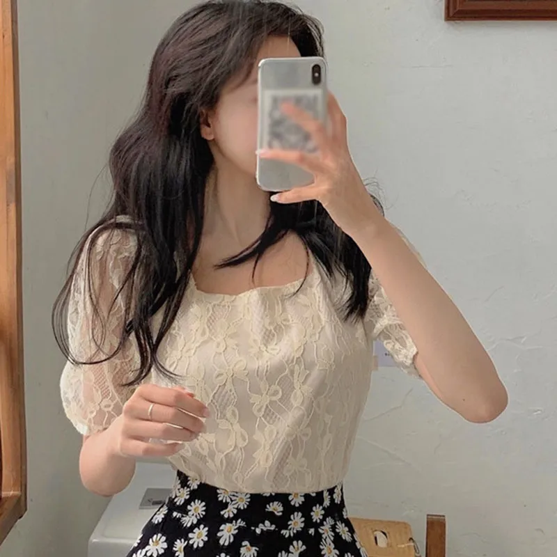 

New summer short lace shirt women's square neck Short Sleeve Chiffon shirt short top women, White