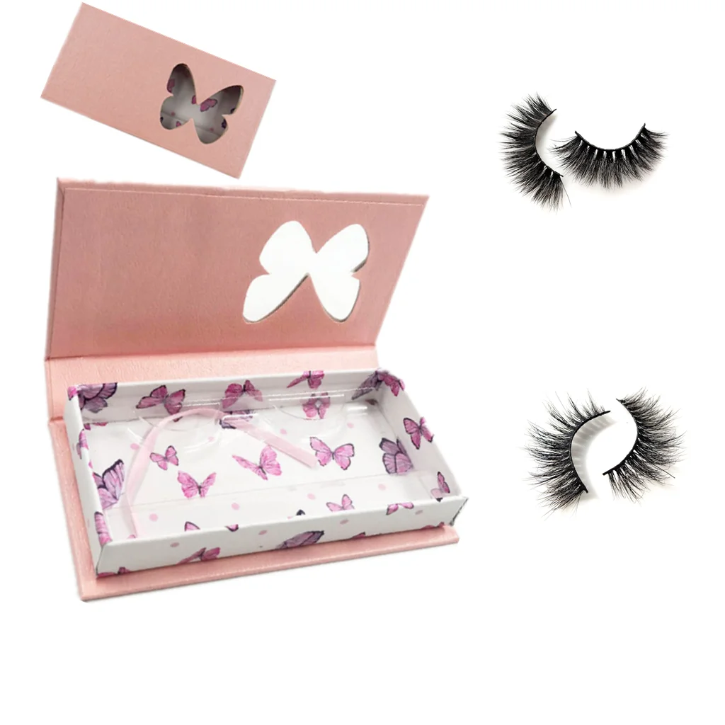 

3D Mink Lashes Handmade Full Strip Lashes Cruelty Free Luxury Mink Eyelashes pink butterfly eyelash box, custom box vendor