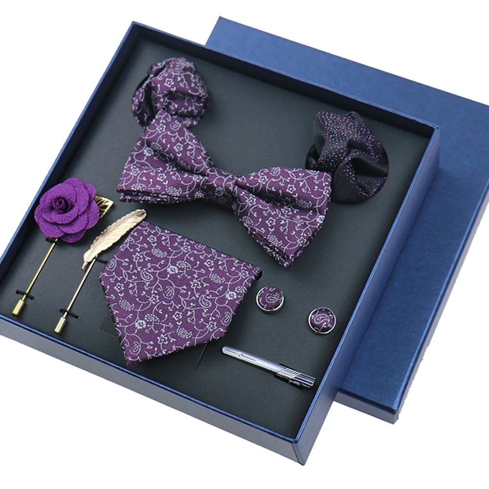 

Luxury Necktie Set In Gift Box Man Bowtie Cufflink Brooch Pocket Square Men's Tie Cravat Set Business Wedding Green Gravata Suit