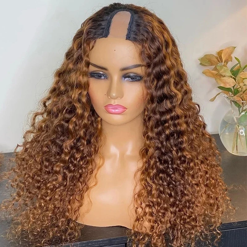 

Highlight Blonde U Part Human Hair Wigs 1x4 Middle Part Curly Peruvian Remy Human Hair Cheap U Part Wigs For Women 250Density, Natrual color wig