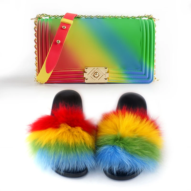 

Hot Selling Matte Rainbow Jelly Bag With Fox Fur Slides Sets Purse Bag Match Colorful Fur Slippers Sandals