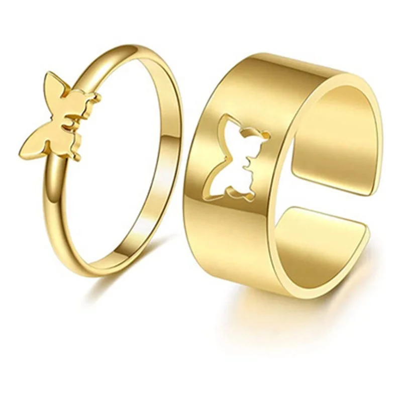 

R.Gem. Cute 2Pcs Gold Plated Dainty Couple Matching Butterfly Ring for Women, Gold, steel, black, rose gold
