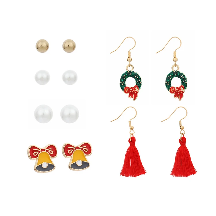 

6-piece Christmas New Product Snowflake Bell Elk Cute Cartoon Set Earrings Pearl Bowknot Tassel Earrings Female
