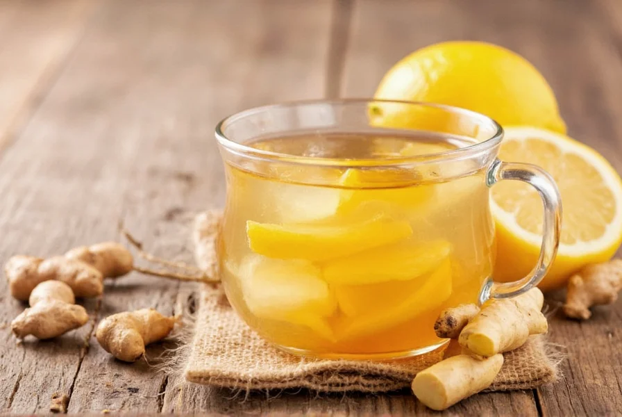 Fresh ginger root, lemon slices, and honey in a teacup