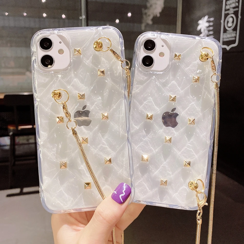 

Luxury Case for iPhone 8 Plus Girls Shockproof Bumper TPU Clear Phone Cases Bulk 11Pro Max Xs 6s 7 Plus Covers with Metal Chain