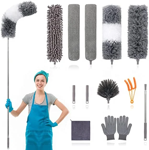 

Extended Cleaning Set With One Rod And Multiple Heads Chenille Duster Under Bed Brush Ceiling Sweeping Brush