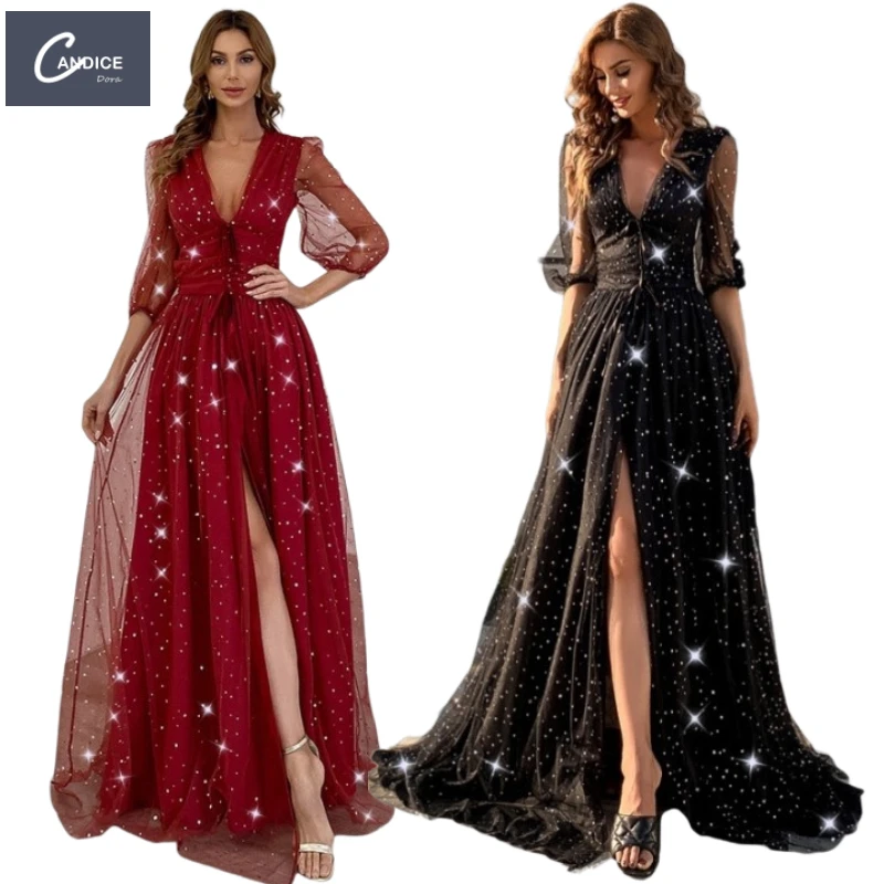 

Candice Haute couture puff sleeve high split V neck sequin see-thru gown dinner women quinceanera evening dresses lace elegant