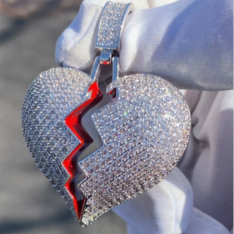 

Hot Selling High Quality Iced Out Jewelry Brass Material Hollow Bling Hip Hop Broken Heart Pendant Necklace