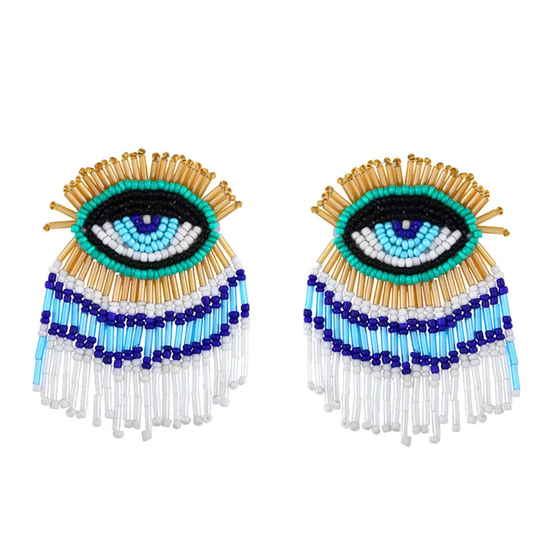 

Trendy Rhinestone Crystal Pave Evil Evileye Eye Charm Statement Tassel Fringe Earrings for Women Girls