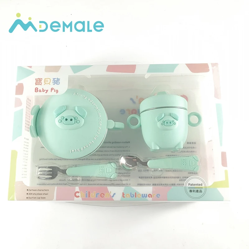 

Silicone cute heated baby stainless bowl set with suction cup, Blue green pink