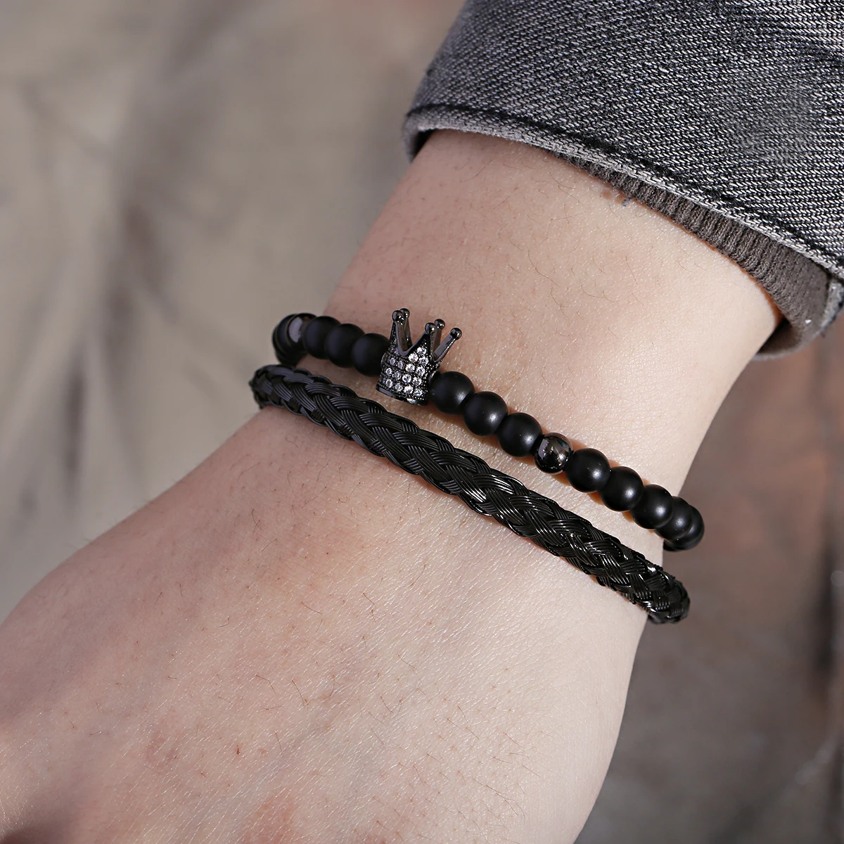 

2Pcs Charm CZ Black King Crown Onyx Stone Beaded Mens Bracelet Set Jewelry Gifts, Multi-colors