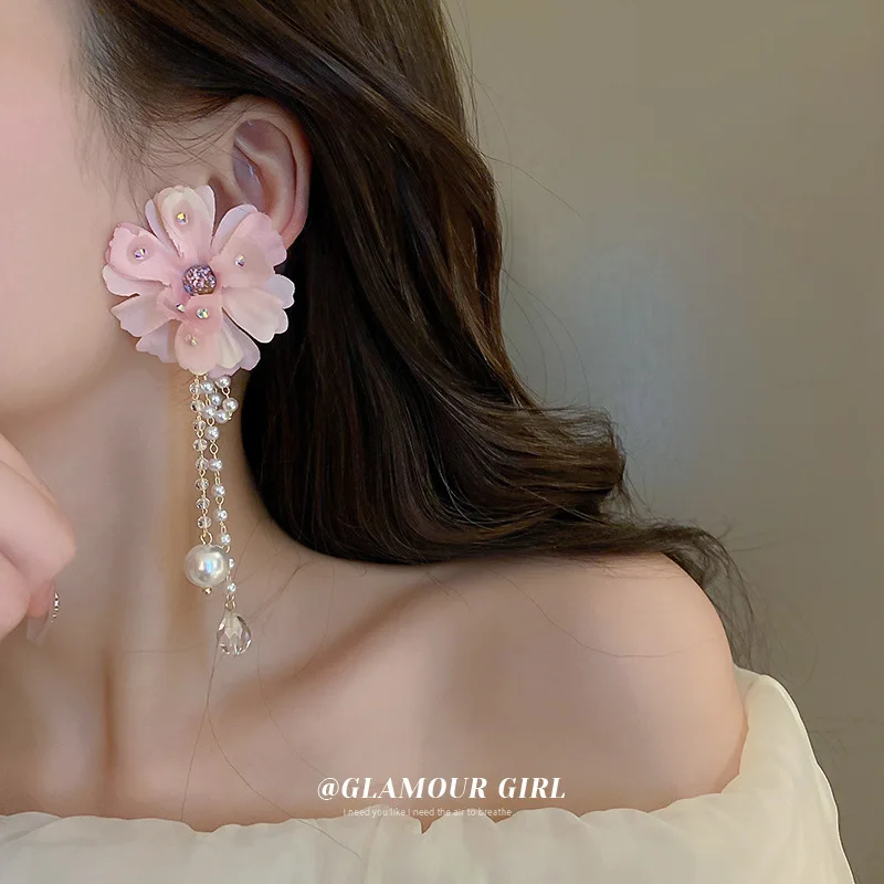 

fashion quality crystal pink flower bridal earring
