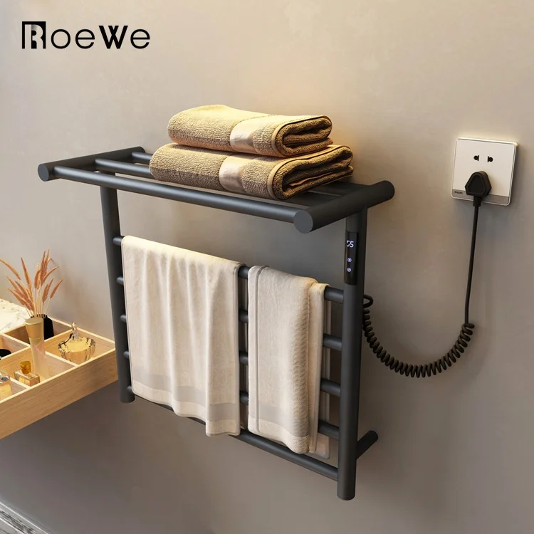 

Intelligent bath towel rack bathroom accessories electric towel rail with shelf black towel rack