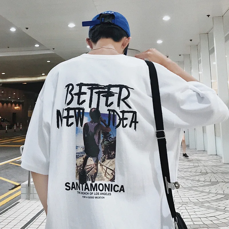 

Short sleeve men's korean style trend five-point sleeve loose hip-hop middle-sleeved t-shirt men