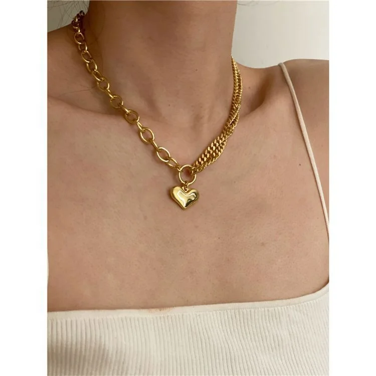 

N0568 18k gold plated stainless steel necklaces women unique love heart cuban chain link chokers necklaces jewelry, Gold/silver