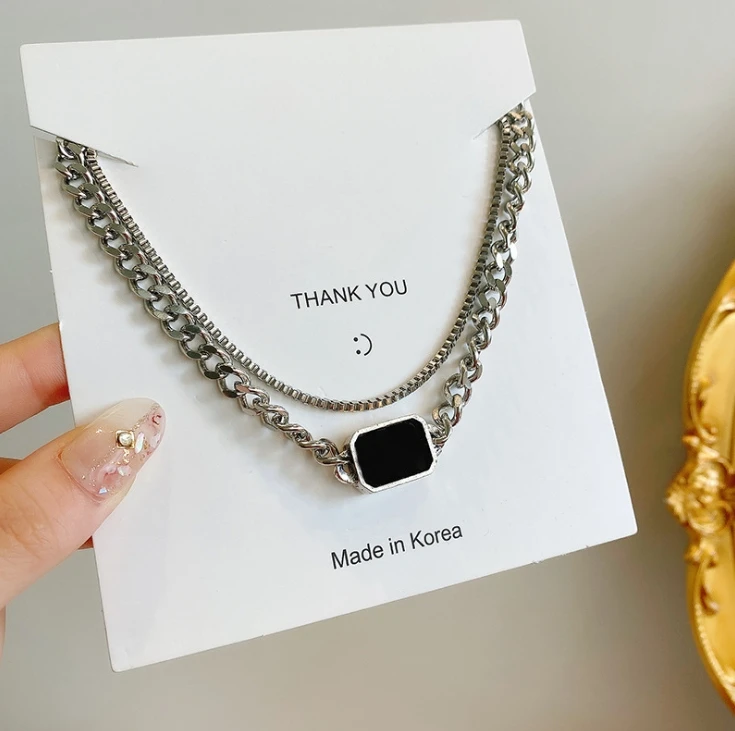 

Black gemstone square necklace double design birthstone necklace women