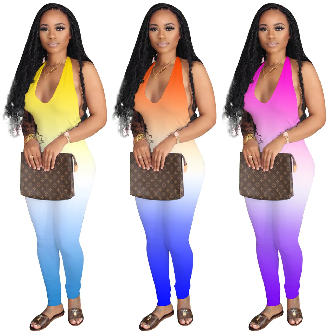 

MT82-8241 Explosive style halter neck sports casual gradient color jumpsuit women