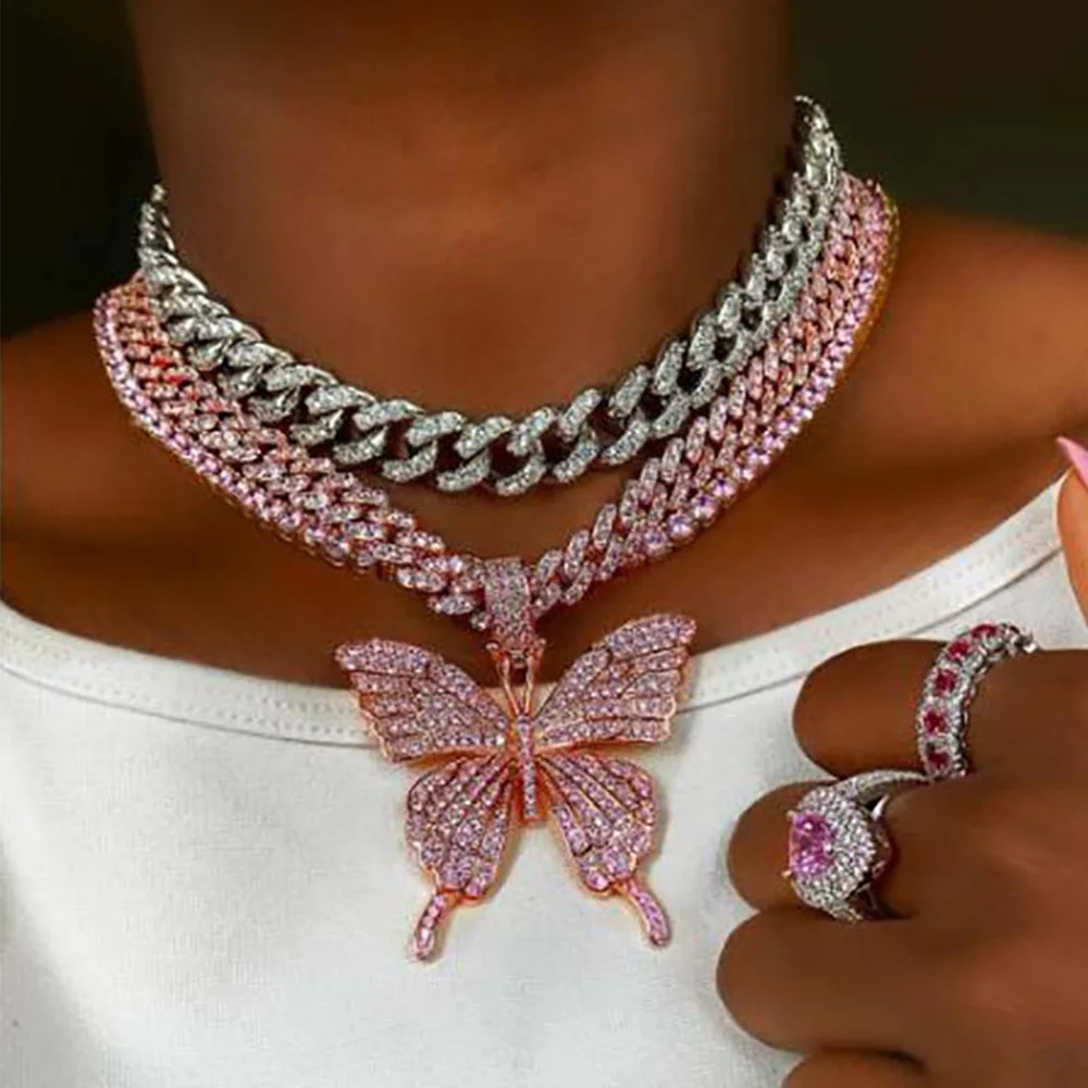 

Ladies Iced Out Jewelry Gold Silver Pink Prong Setting CZ Diamond Necklace Butterfly Choker Women's Cuban Link Chains