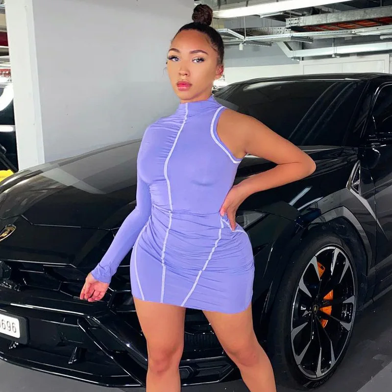 

FREE SAMPLE JHTH One Shoulder Sexy Bodycon Dress Skew Collar Long Sleeve Mini Women Dress Casual Club Party Dress Short