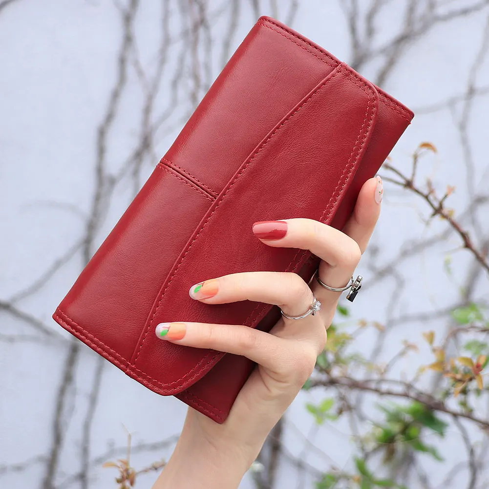 

HUMERPAUL Genuine Leather Long Unique Rfid Ladies Purses Card Holder Clutch Latest Long Women Wallets, Red