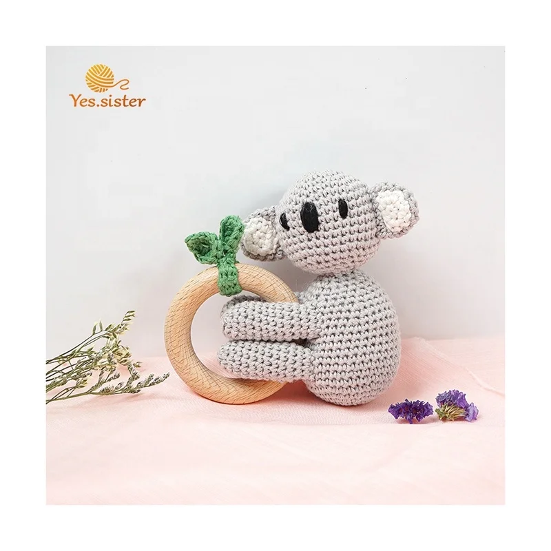 

Crochet Wooden Rattle Beech Wood Plush Stuffed Small Soft Toy Teething Baby Teether Koala