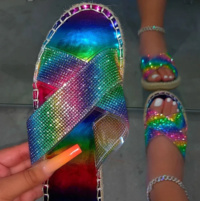 

Plus Size Colorful Diamond Flat Sandals 2021 Hot Sale Jelly Rainbow Bling flat shoes women sandals Beach Shoes, 1 colors