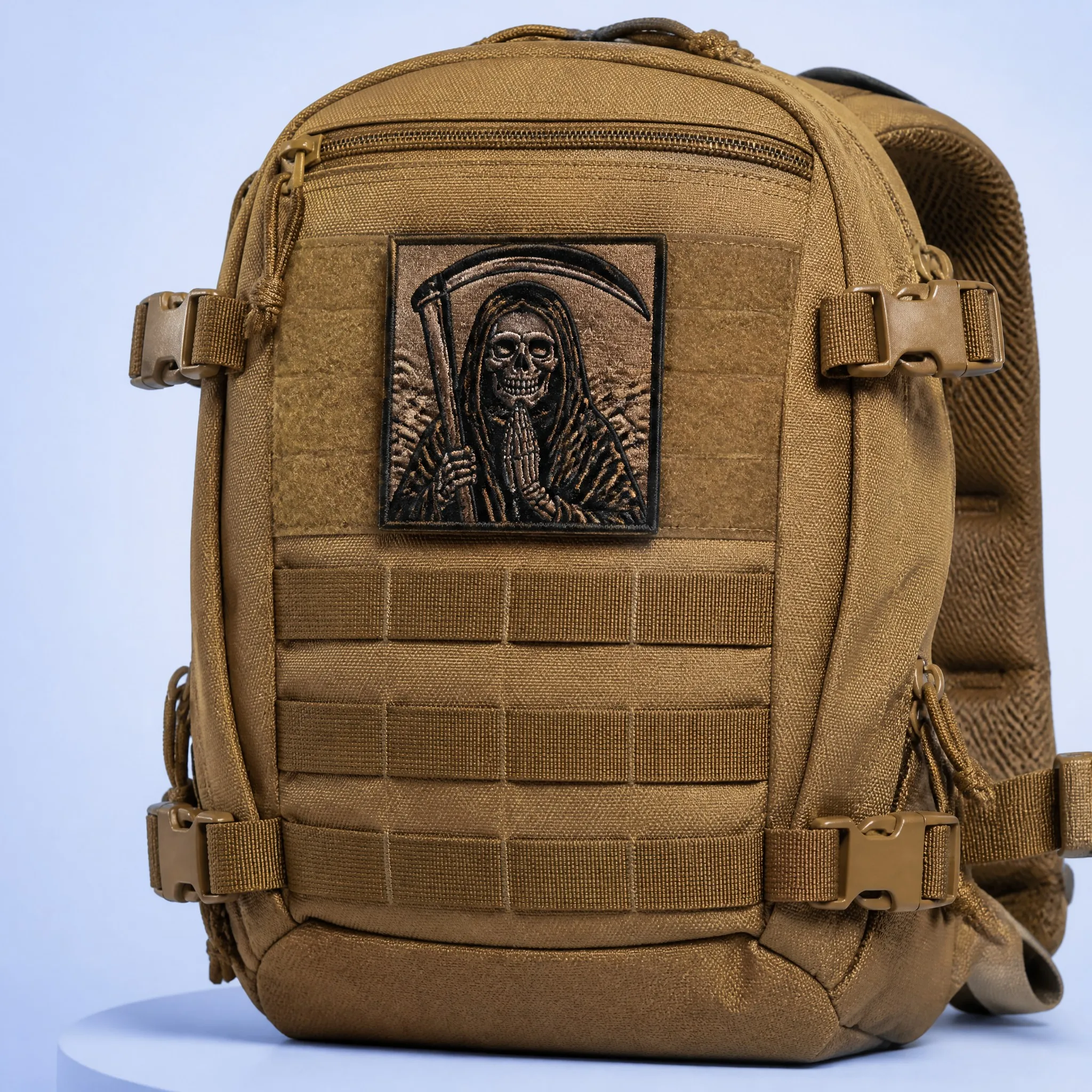 Tactical Coyote Brown EDC Daypack with Grim Reaper Scythe Embroidered Morale Patch Mounted on Front MOLLE Loop Field