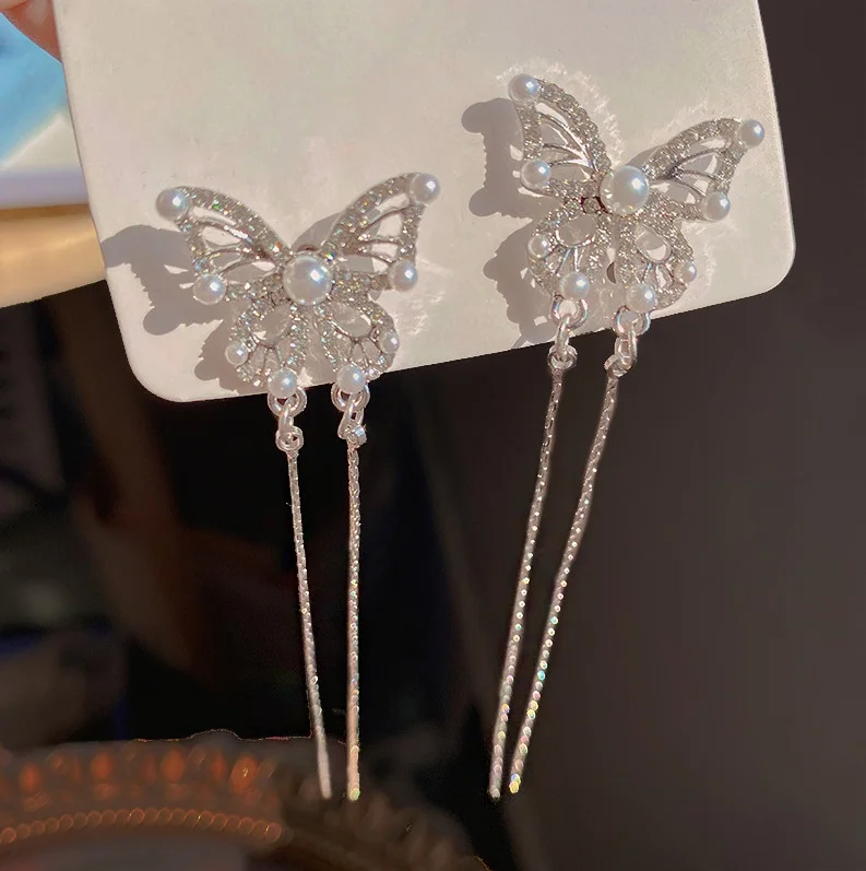 

Shiny Full Diamond Zircon Butterfly Long Earring Fashionable 925 Silver Post Pearl Butterfly Tassel Earrings Jewelry for Women