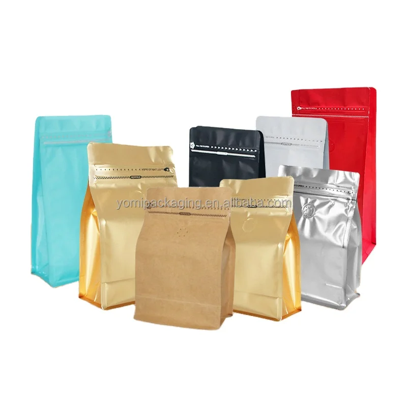 

Biodegradable Flat Bottom Kraft Paper Zipper With Valve Pouch Coffee Bag