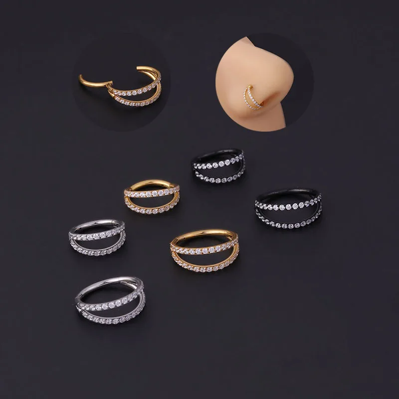 

Wholesale New 16g Stainless Steel Hinged Segment Clicker 2 Rows Cz Hoop Septum Ring Nose Earring Body Piercing Jewelry