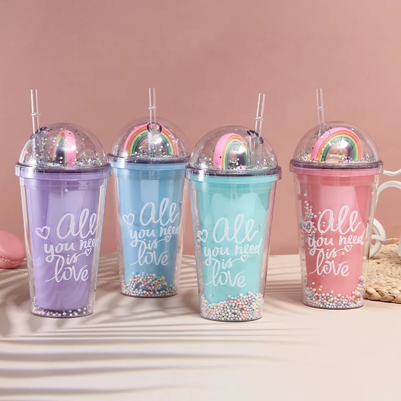 

Rainbow bubble straw cup large capacity lovely student summer ice cup double-layer plastic water bottle with flashing light