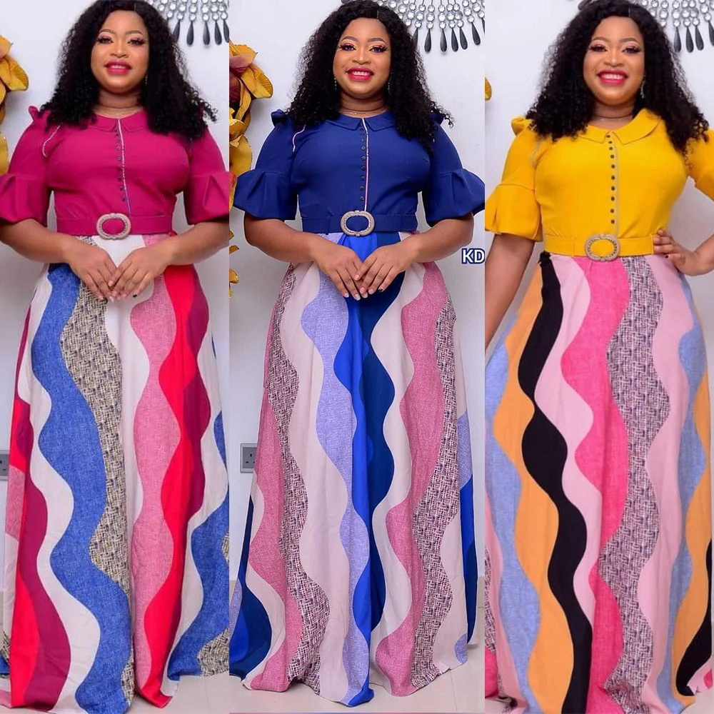 

african woman clothing wholesale factory directly price Peter Pan Collar patchwork printed women casual office dress with belt, Customized color