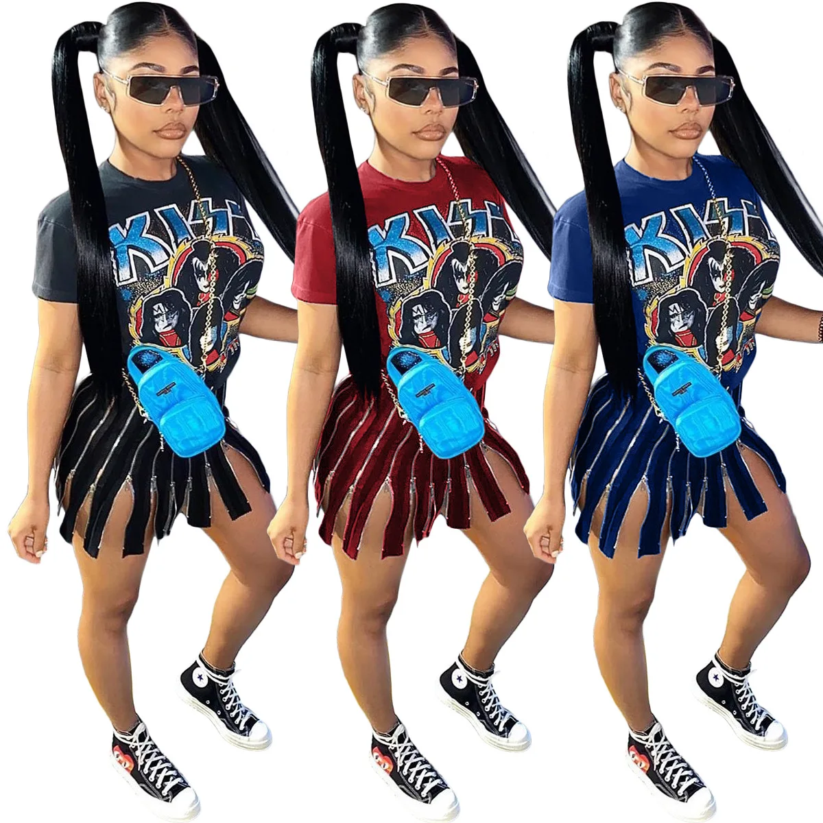 

Womens Fashion Short Sleeve T Shirt Dress Gothic Punk Cartoon Print Zip Slit Casual Mini Dresses Streetwear, As show