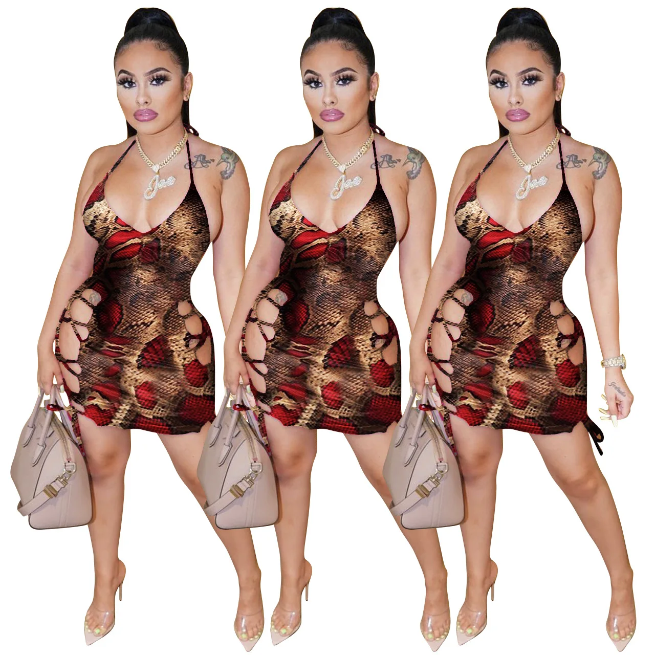 

(RTS 0.3) FE129 Women's sexy snakeskin pattern strappy halter dress for women